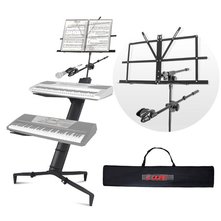 5 Core 5 Core Column Keyboard Stand Riser 2 Tier w Mic Boom Arm Sheet Music Holder - Two Stage Tower Rack KS C 2TD BLK